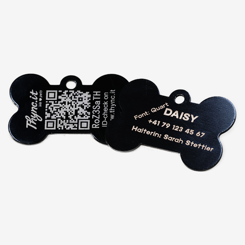 SOS Tiermarke Knochen aus Aluminium mit QR-Code und Gravur