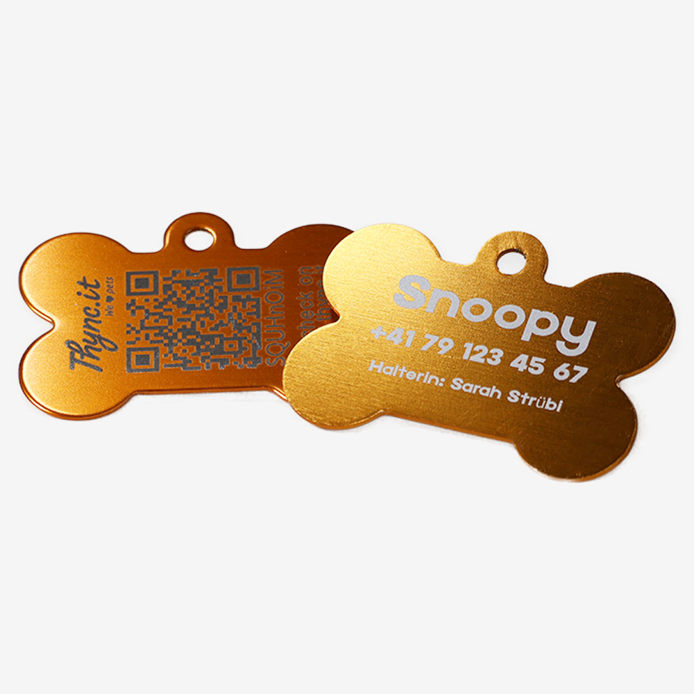 SOS Tiermarke Knochen aus Aluminium mit QR-Code und Gravur