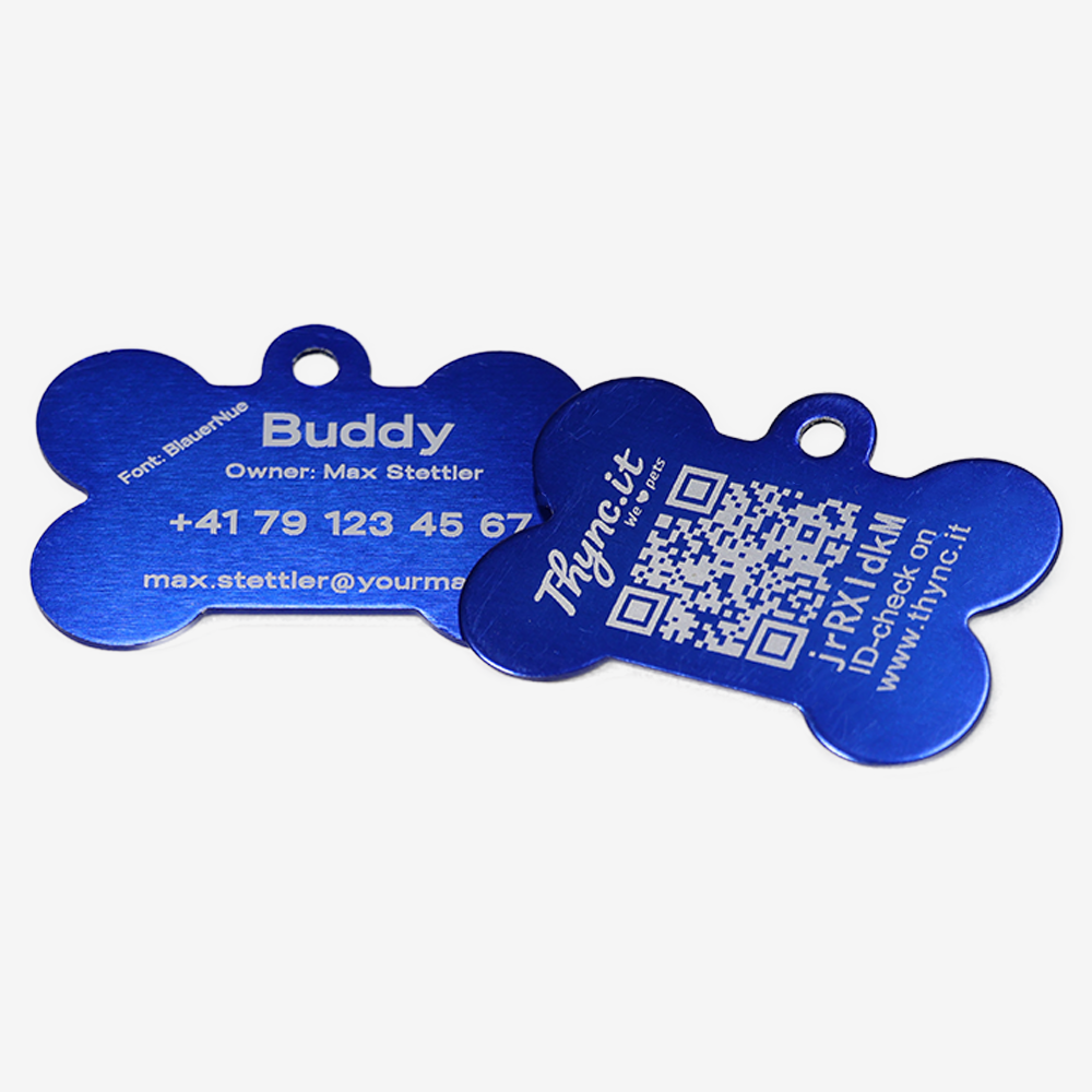 SOS Tiermarke Knochen aus Aluminium mit QR-Code und Gravur