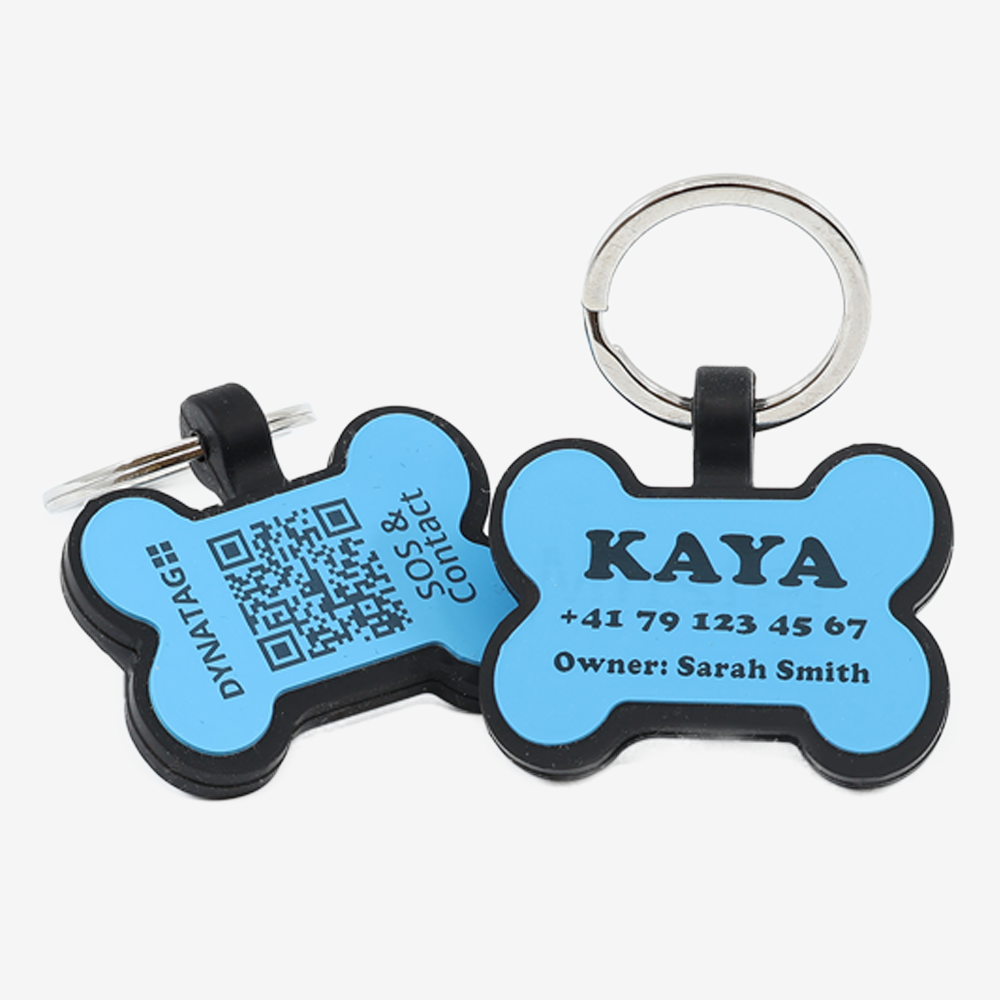 Médaille chien os en silicone avec QR code & gravure laser – plateforme suisse