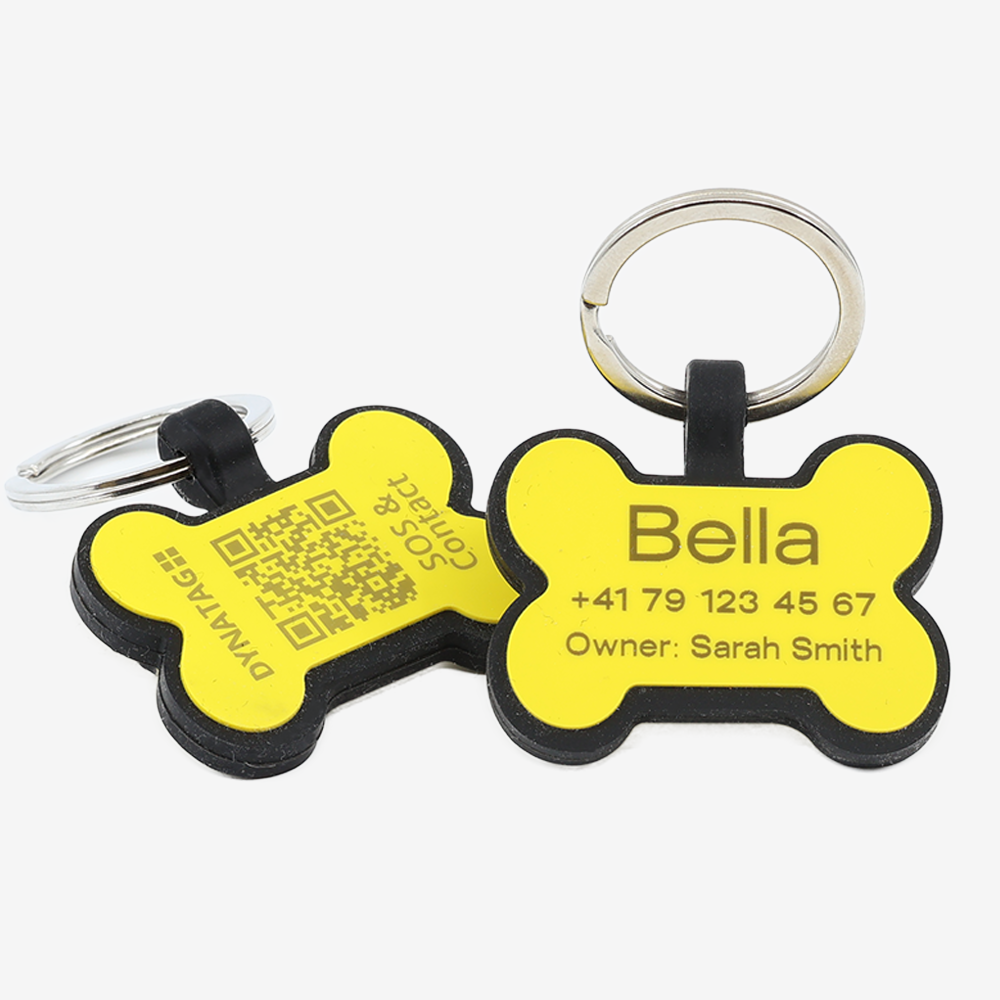 Medaglietta cane osso in silicone con QR code e incisione laser – piattaforma svizzera