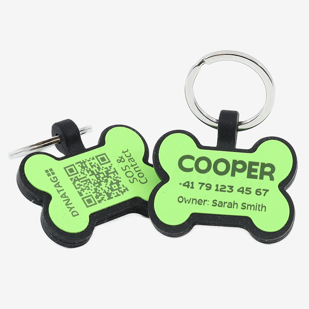 Medaglietta cane osso in silicone con QR code e incisione laser – piattaforma svizzera