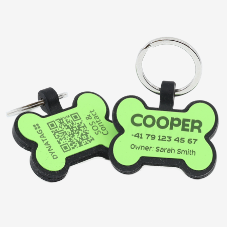 Hundemarke mit QR-Code und Lasergravur Knochen aus Silikon - Individuell gravierbar und Schweizer Datenplattform