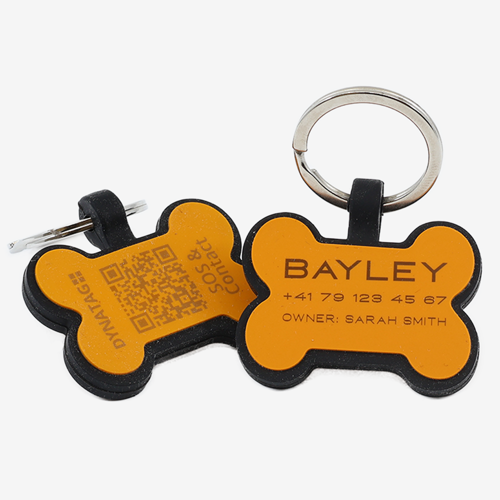 Medaglietta cane osso in silicone con QR code e incisione laser – piattaforma svizzera