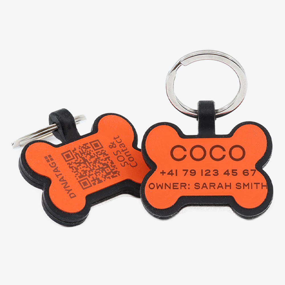 Medaglietta cane osso in silicone con QR code e incisione laser – piattaforma svizzera