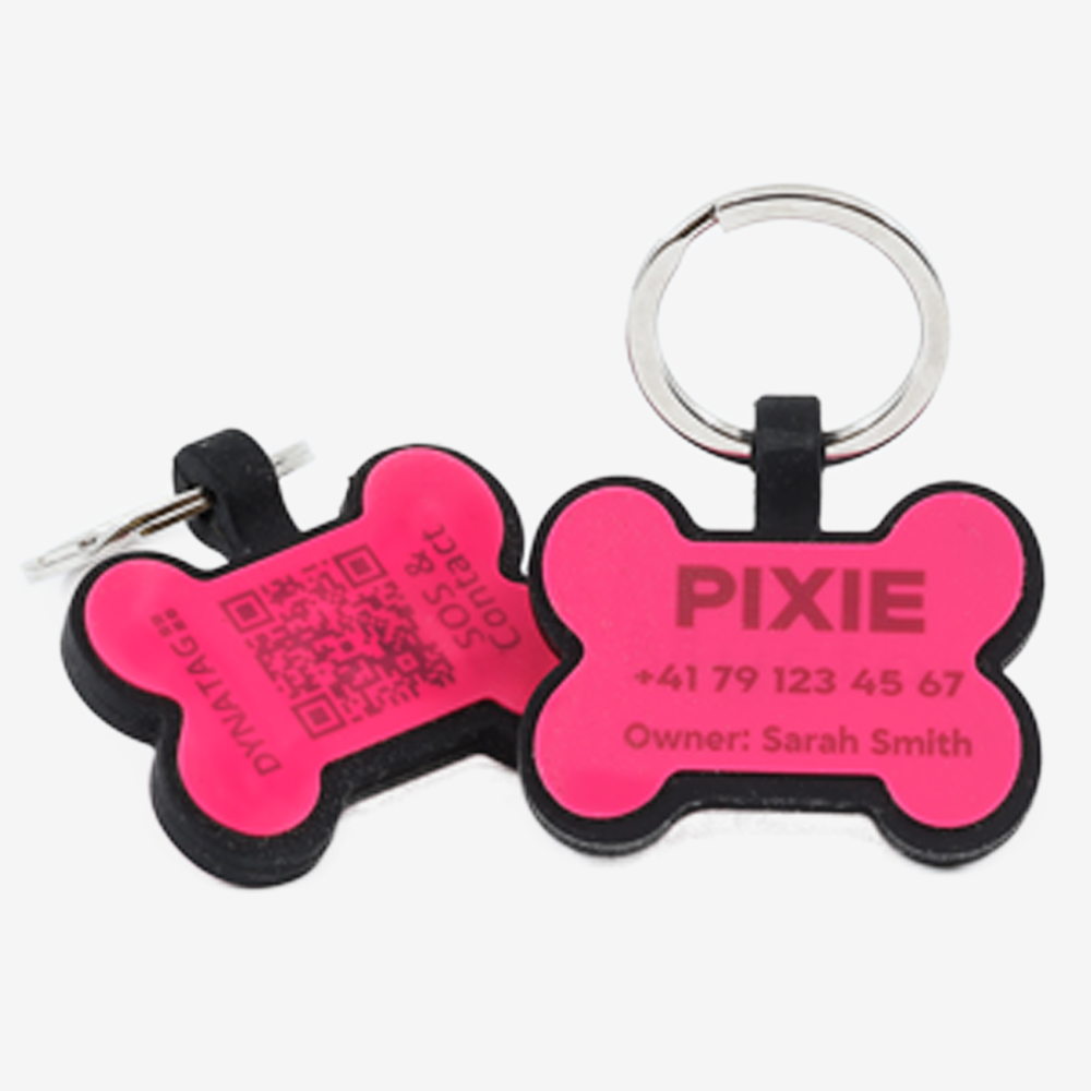 Medaglietta cane osso in silicone con QR code e incisione laser – piattaforma svizzera