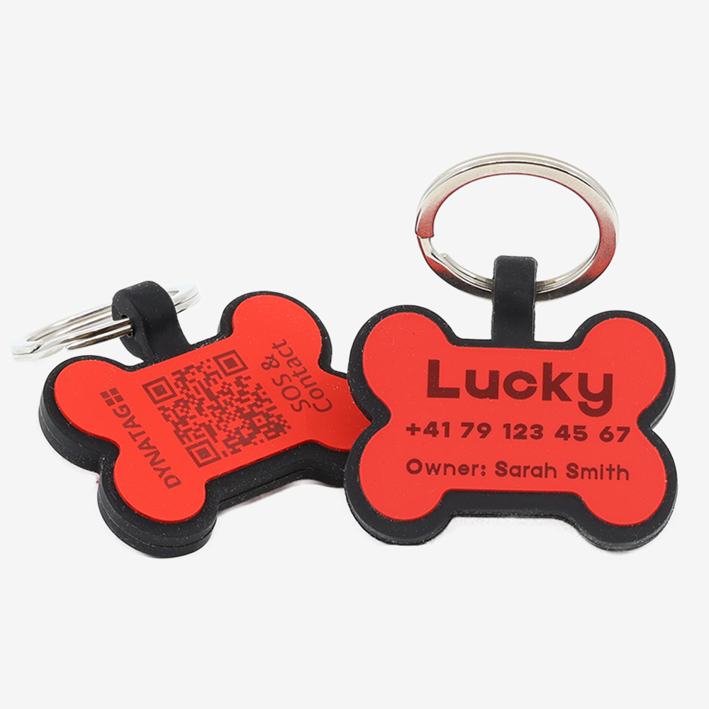 Medaglietta cane osso in silicone con QR code e incisione laser – piattaforma svizzera