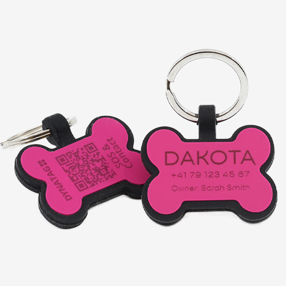 Médaille chien os en silicone avec QR code & gravure laser – plateforme suisse
