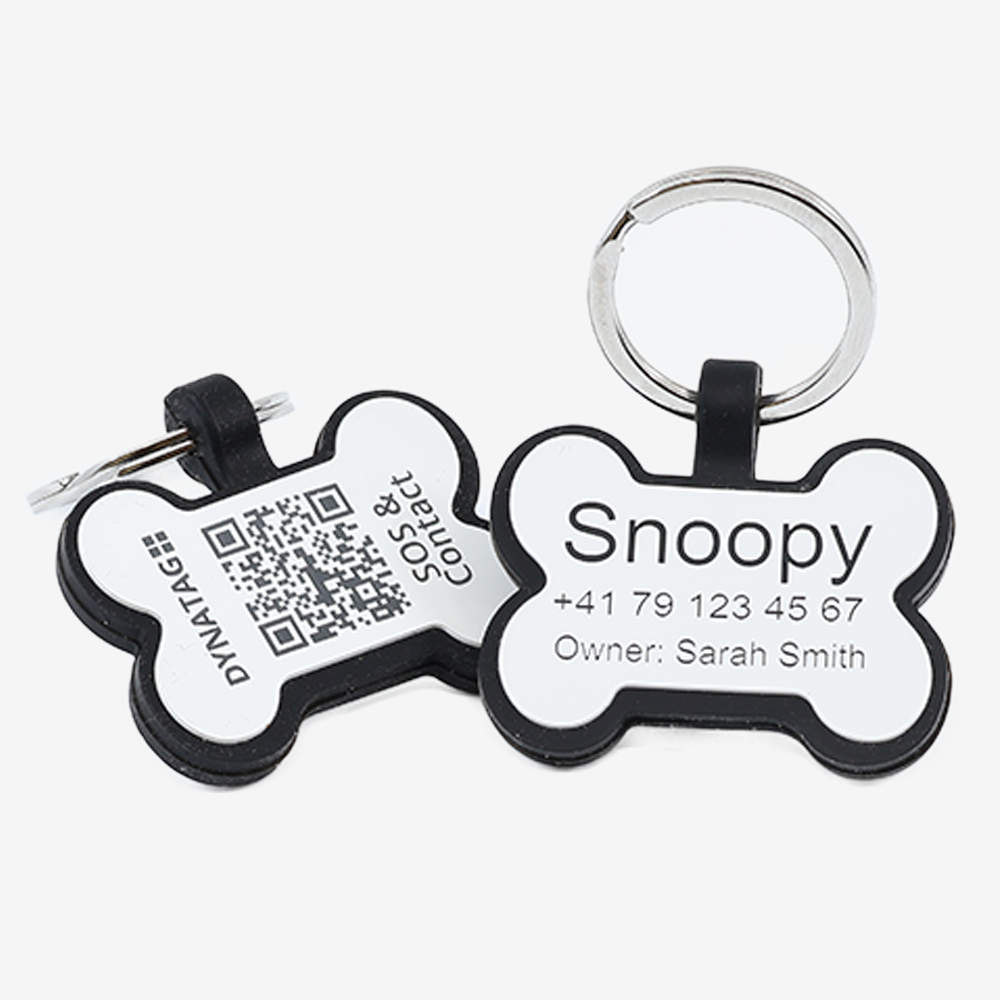 Medaglietta cane osso in silicone con QR code e incisione laser – piattaforma svizzera