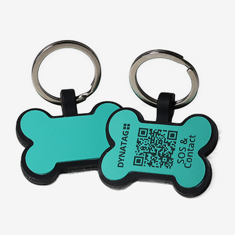 Swiss silicone dog tag with emergency contacts and health information.