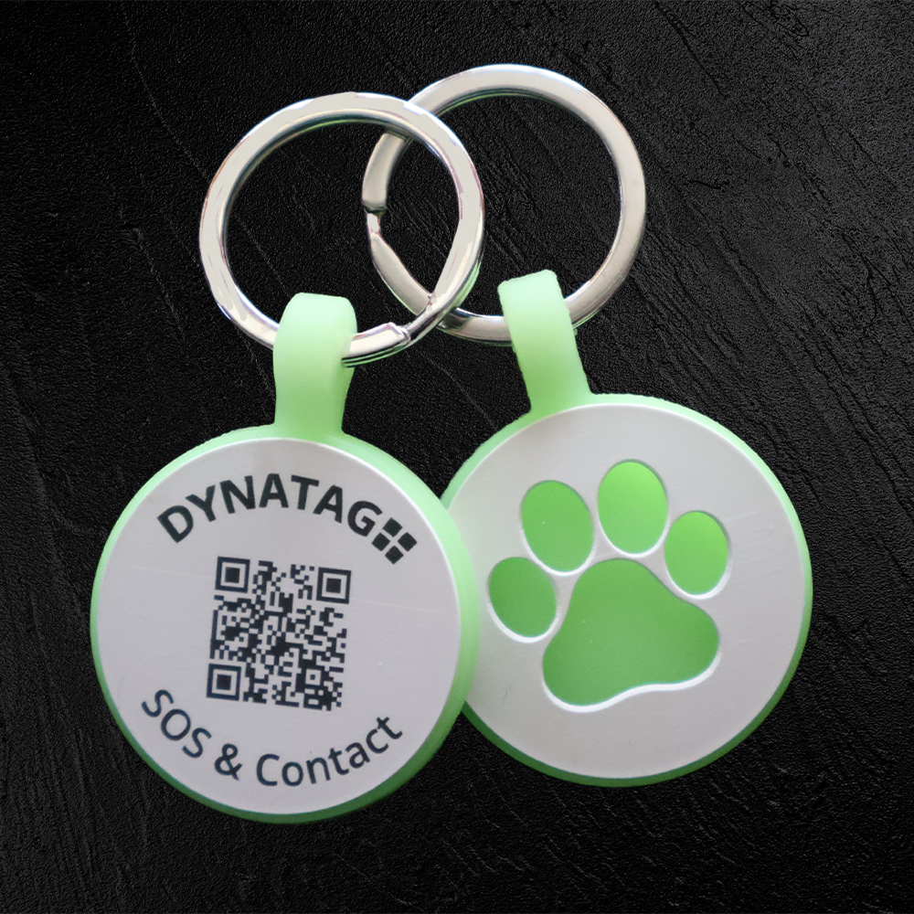 Medaglietta rotonda per animali in silicone fluorescente con codice QR e zampa luminosa – piattaforma dati svizzera