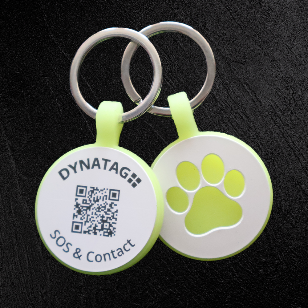 Médaille ronde pour animal en silicone fluorescent avec code QR et patte lumineuse – plateforme de données suisse