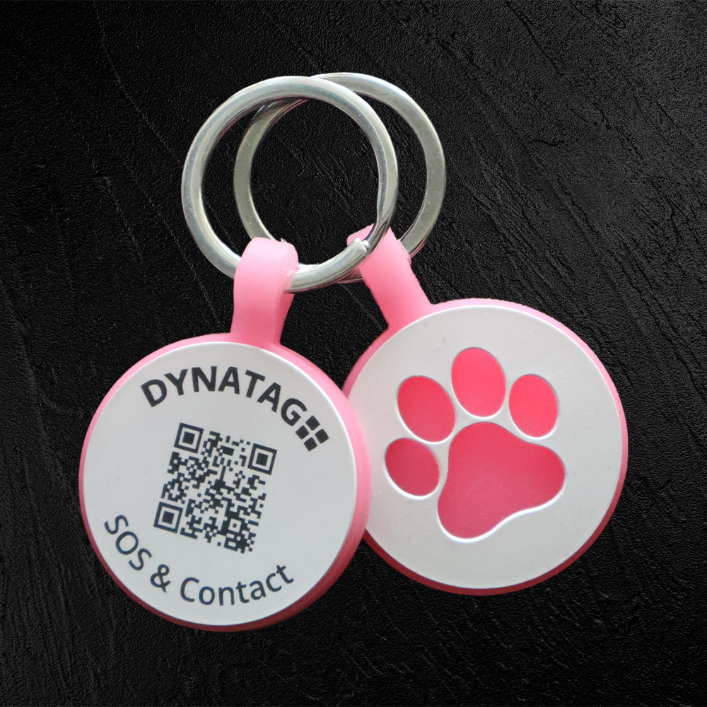 Medaglietta rotonda per animali in silicone fluorescente con codice QR e zampa luminosa – piattaforma dati svizzera