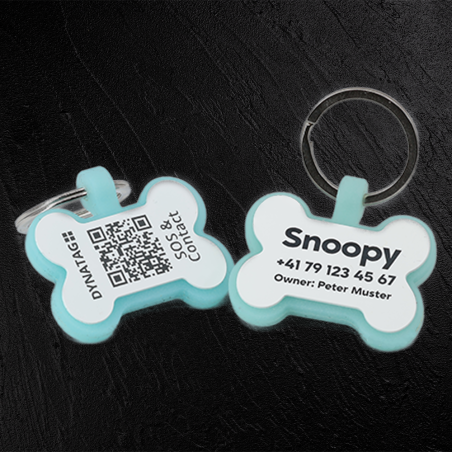 Medaglietta Glow in silicone a forma di osso con QR e incisione laser – piattaforma svizzera