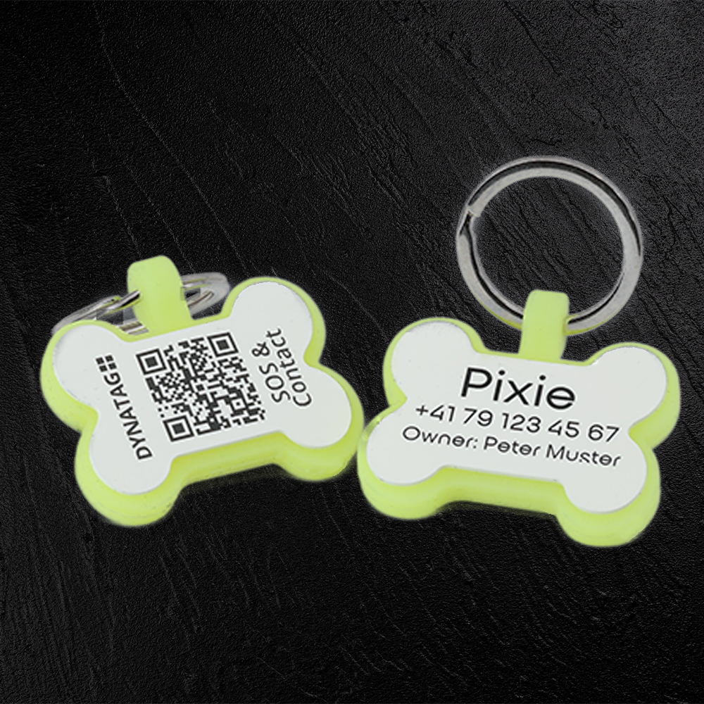 Médaille Glow en silicone en forme d’os avec QR code & gravure laser – plateforme suisse