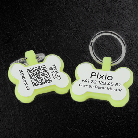Medaglietta Glow in silicone a forma di osso con QR e incisione laser – piattaforma svizzera