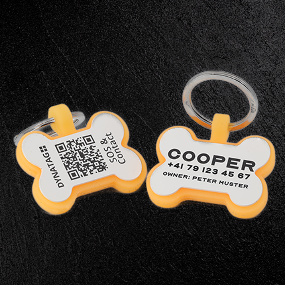 Médaille Glow en silicone en forme d’os avec QR code & gravure laser – plateforme suisse