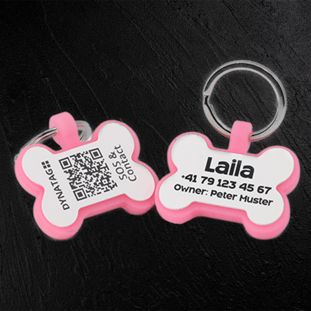 Hundemarke mit QR-Code und Lasergravur Knochen fluoreszierendem Silikon - Individuell gravierbar und Schweizer Datenplattform