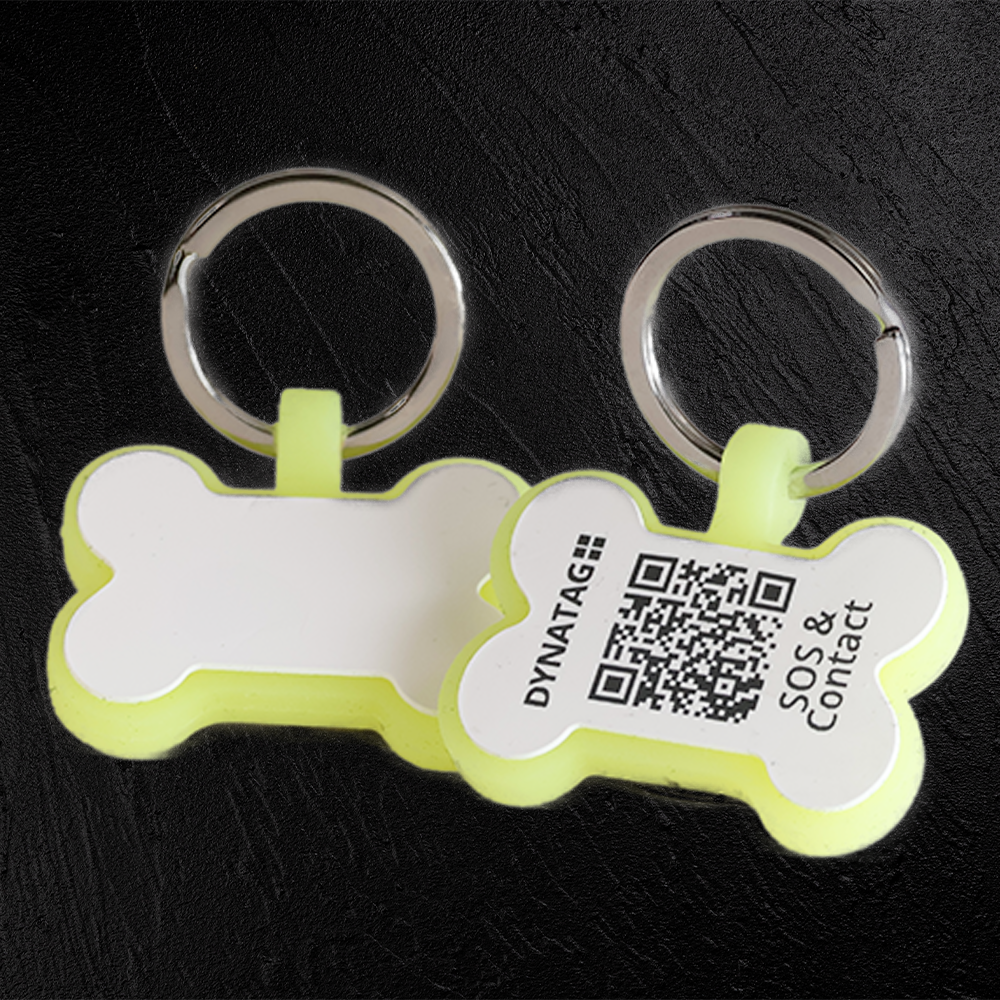 Hundemarke mit QR-Code Knochen aus fluoreszierendem Silikon- Schweizer Datenplattform