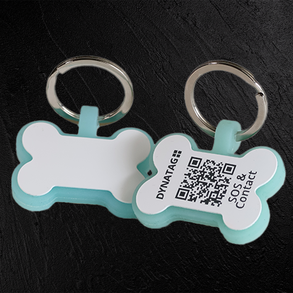 Medaglietta per cane in silicone fluorescente a forma di osso con codice QR – piattaforma dati svizzera