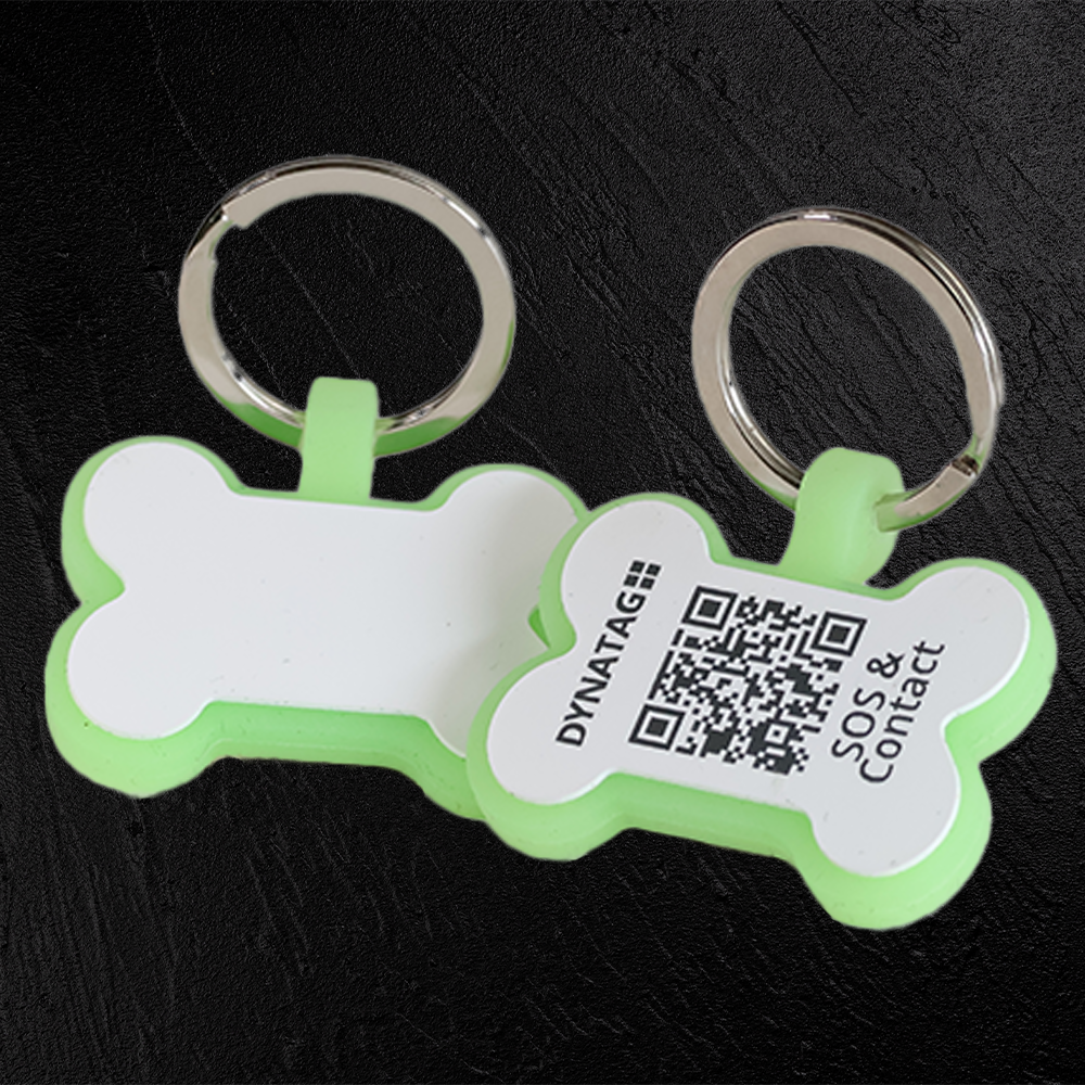 Medaglietta per cane in silicone fluorescente a forma di osso con codice QR – piattaforma dati svizzera