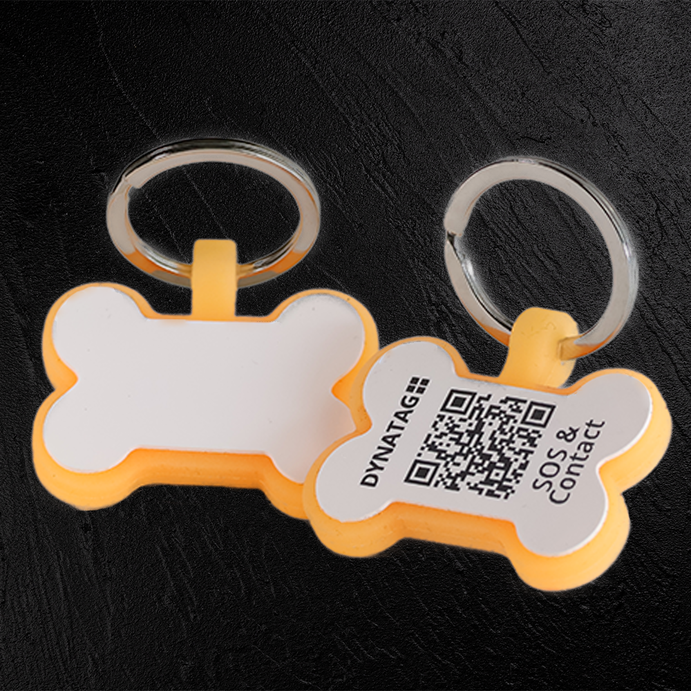 Medaglietta per cane in silicone fluorescente a forma di osso con codice QR – piattaforma dati svizzera