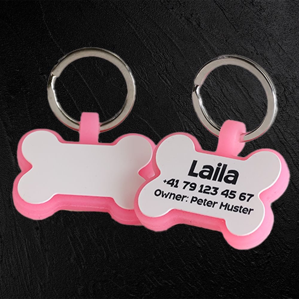 Hundemarke mit Lasergravur Knochen aus fluoreszierendem Silikon - Individuell gravierbar
