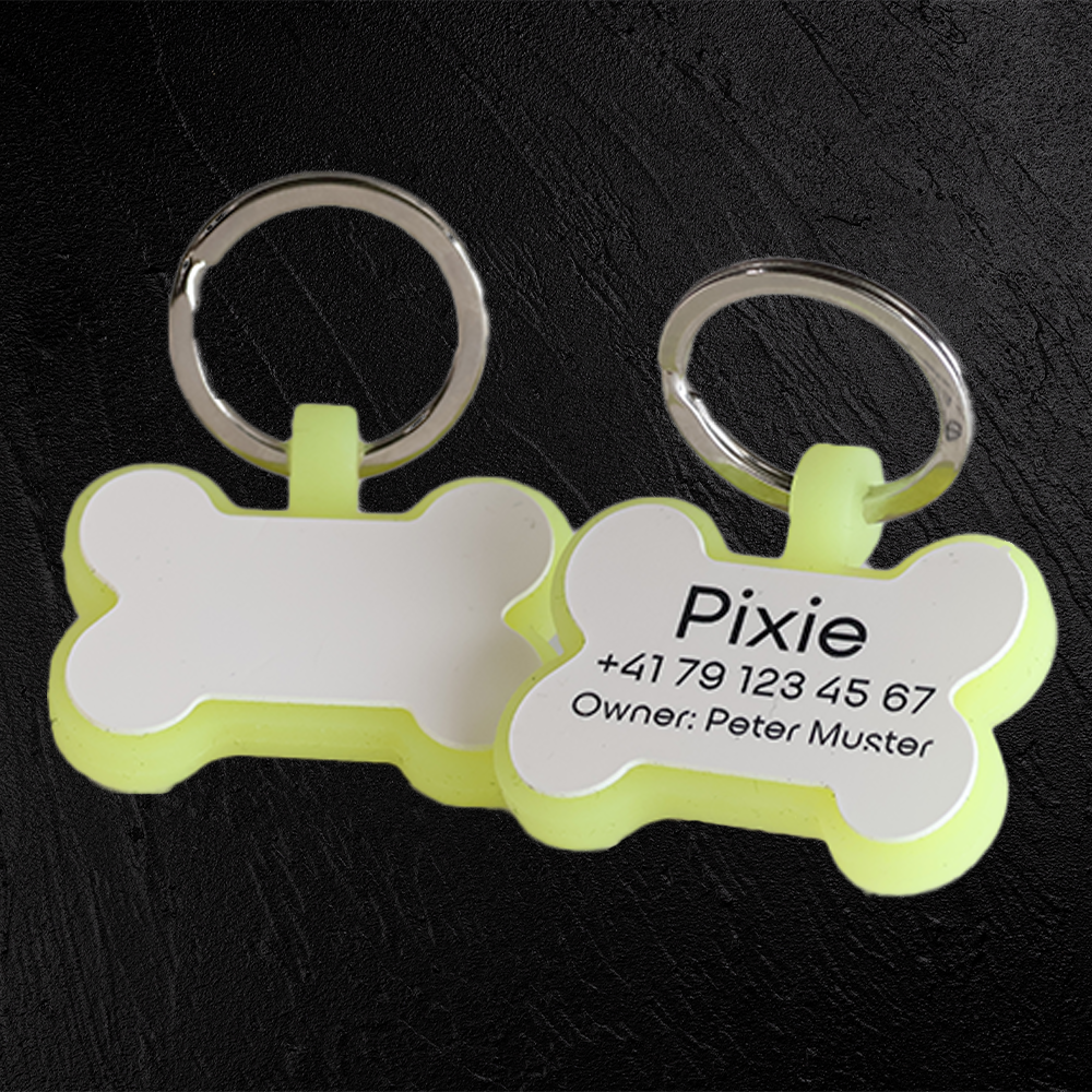 Hundemarke mit Lasergravur Knochen aus fluoreszierendem Silikon - Individuell gravierbar