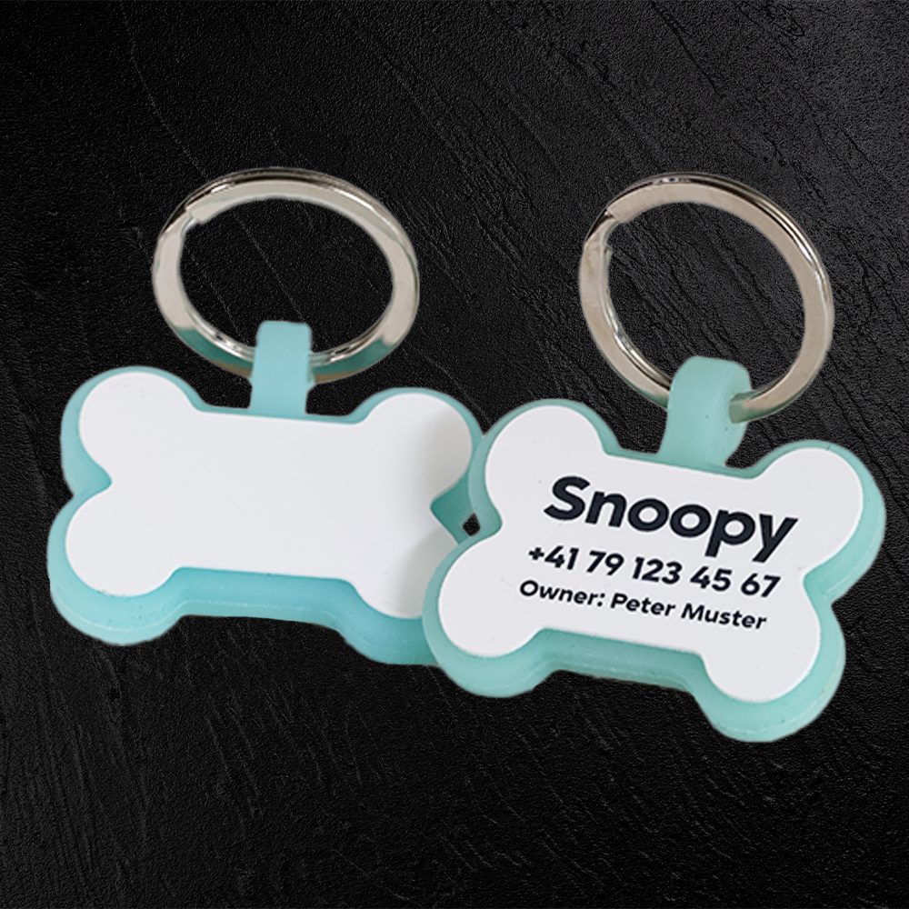 Hundemarke mit Lasergravur Knochen aus fluoreszierendem Silikon - Individuell gravierbar