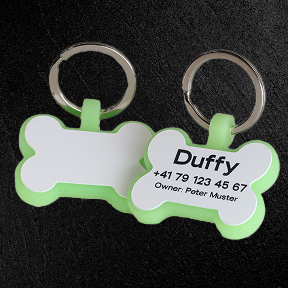 Hundemarke mit Lasergravur Knochen aus fluoreszierendem Silikon - Individuell gravierbar