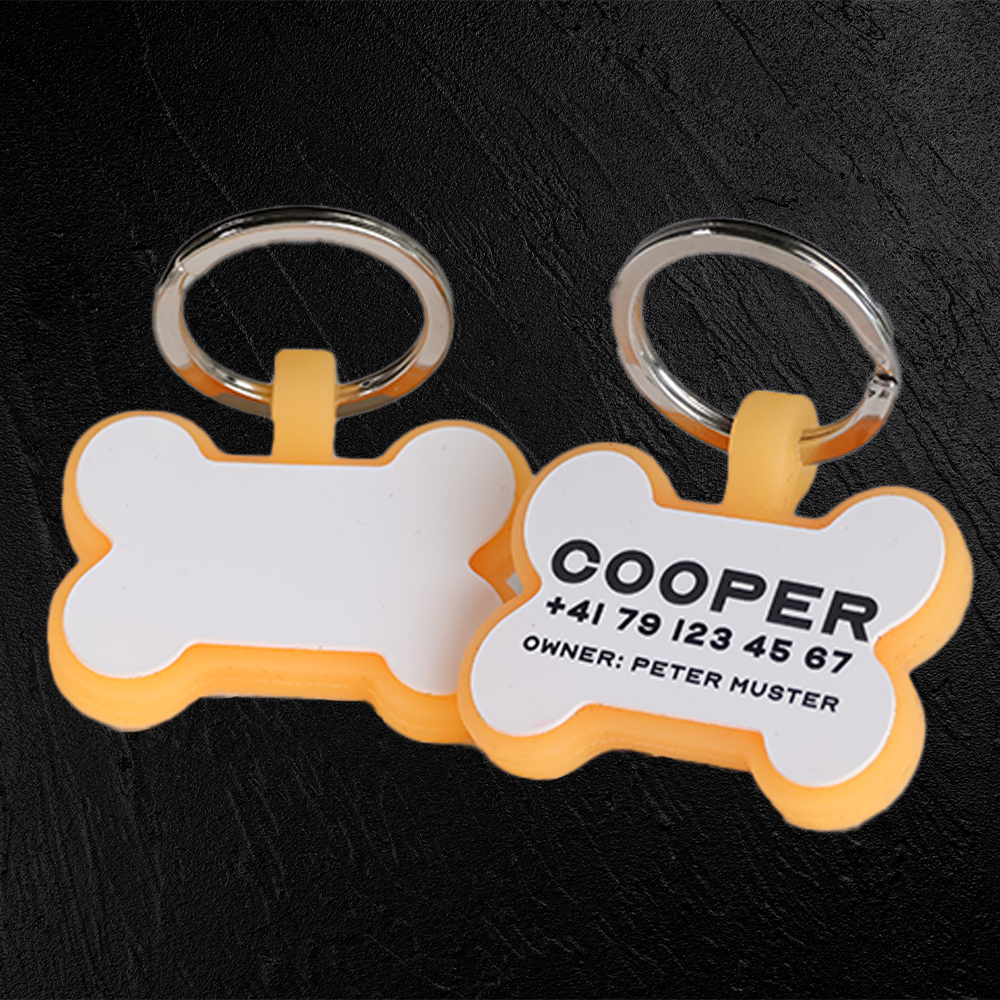Hundemarke mit Lasergravur Knochen aus fluoreszierendem Silikon - Individuell gravierbar