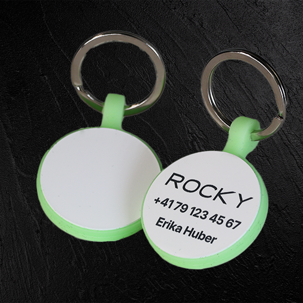 Medaglietta rotonda Glow in silicone con incisione laser – personalizzabile