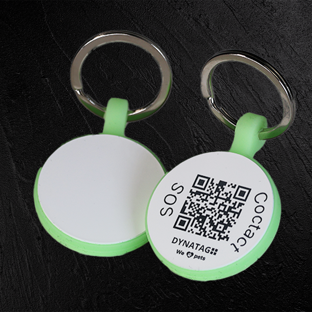 Medaglietta rotonda per animali in silicone fluorescente con codice QR – piattaforma dati svizzera