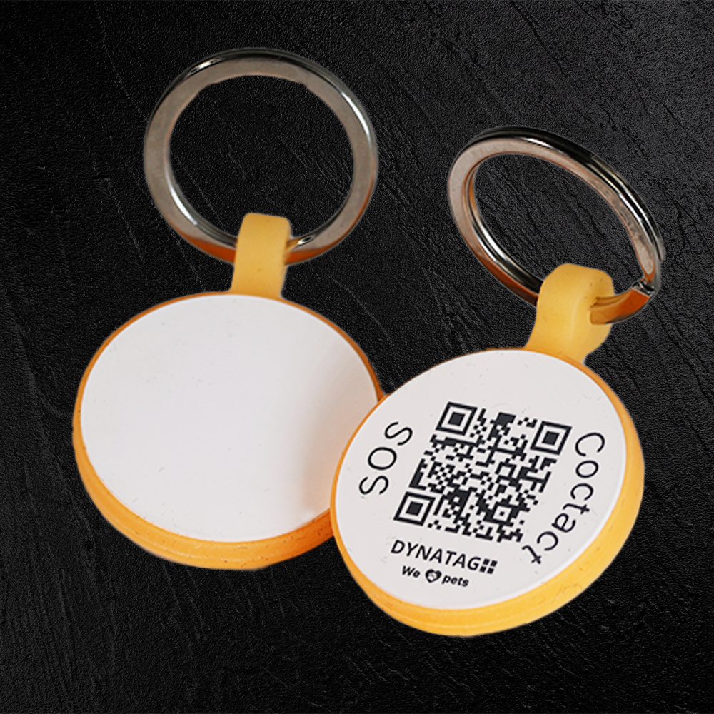 Medaglietta rotonda per animali in silicone fluorescente con codice QR – piattaforma dati svizzera