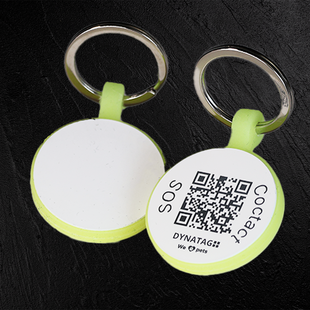 Médaille ronde pour animal en silicone fluorescent avec code QR – plateforme de données suisse