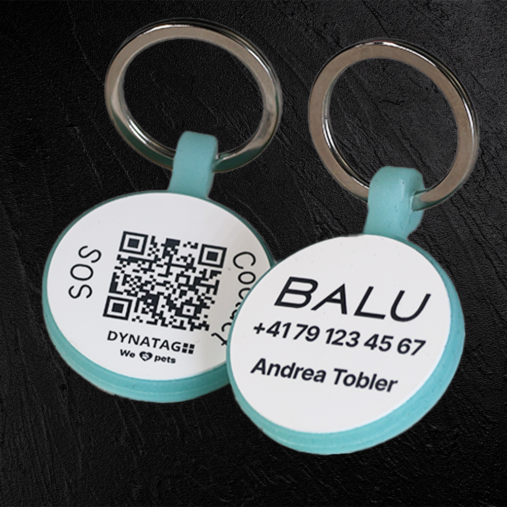 Tiermarke mit QR-Code und Lasergravur Rund aus fluoreszierendem Silikon - Individuell gravierbar und Schweizer Datenplattform