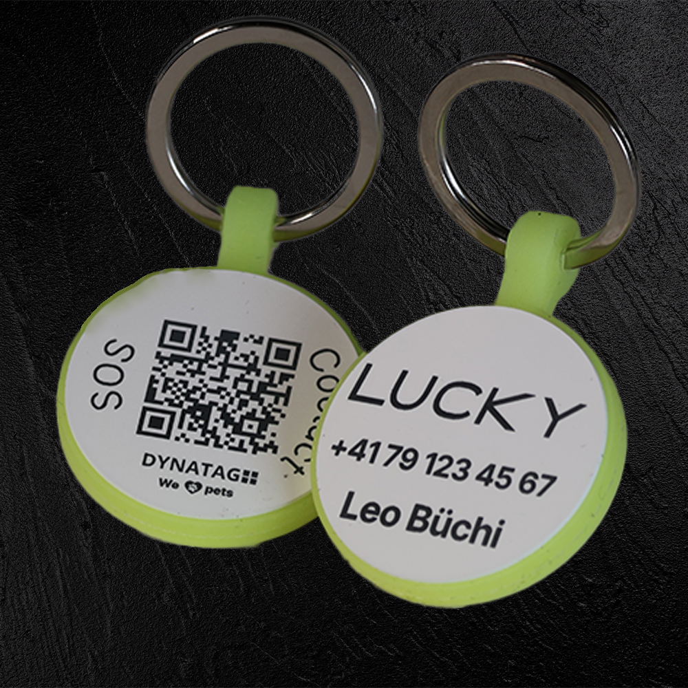 Medaglietta rotonda Glow in silicone con QR e incisione laser – piattaforma svizzera