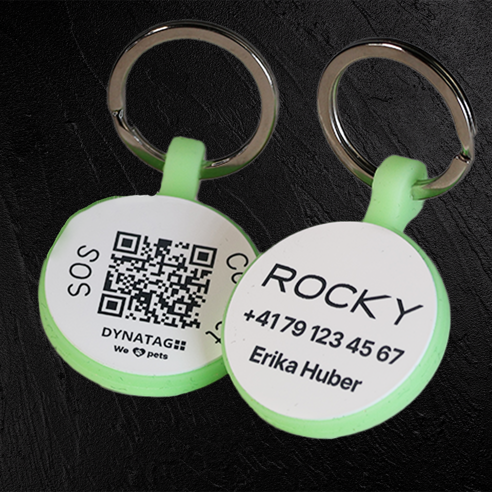Medaglietta rotonda Glow in silicone con QR e incisione laser – piattaforma svizzera