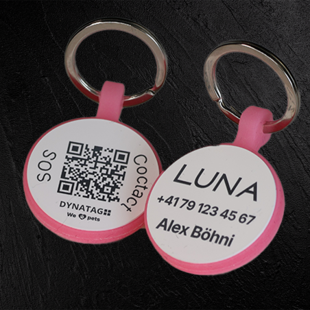 Tiermarke mit QR-Code und Lasergravur Rund aus fluoreszierendem Silikon - Individuell gravierbar und Schweizer Datenplattform