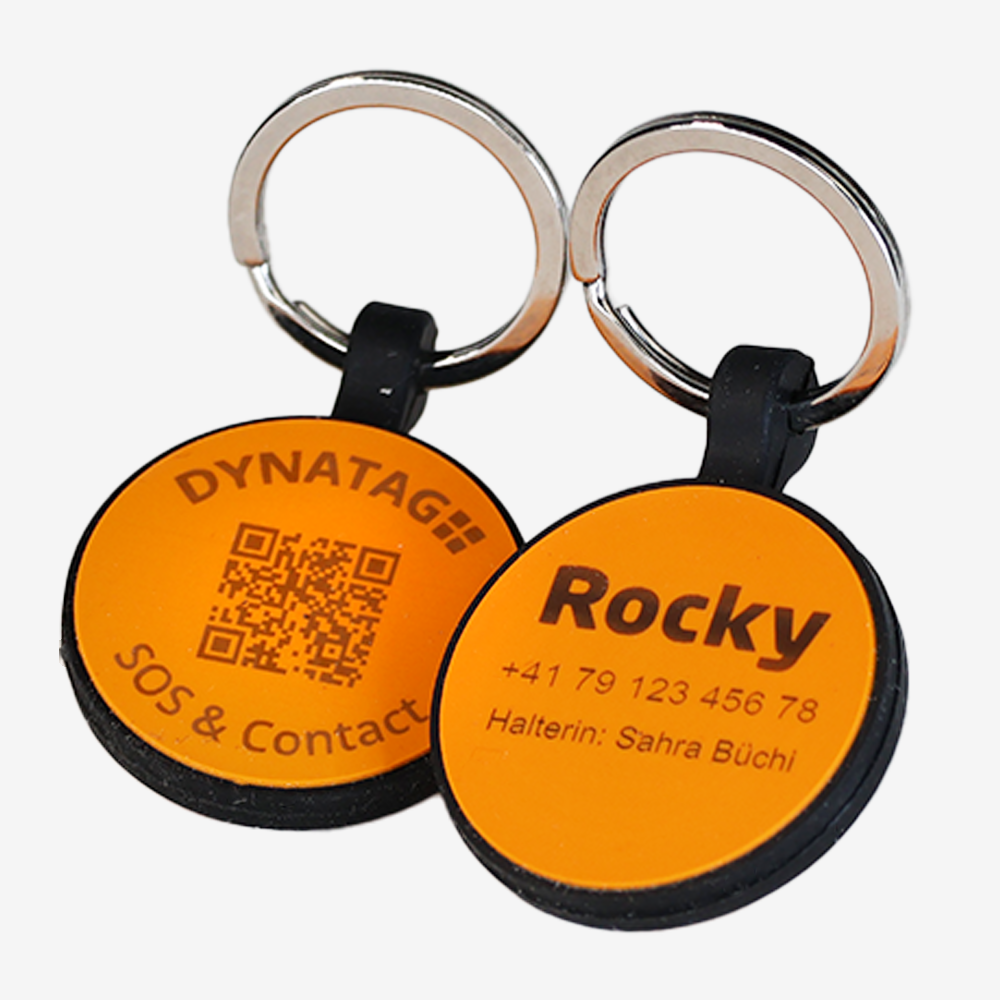 Medaglietta rotonda in silicone con QR code e incisione laser – piattaforma svizzera