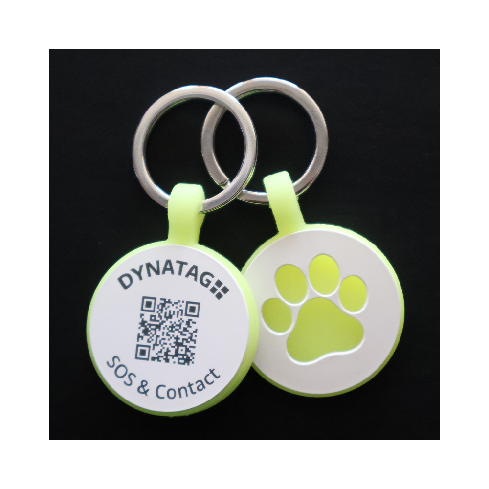 Tiermarke mit QR-Code Rund-Pfote aus fluoreszierendem Silikon - Schweizer Datenplattform
