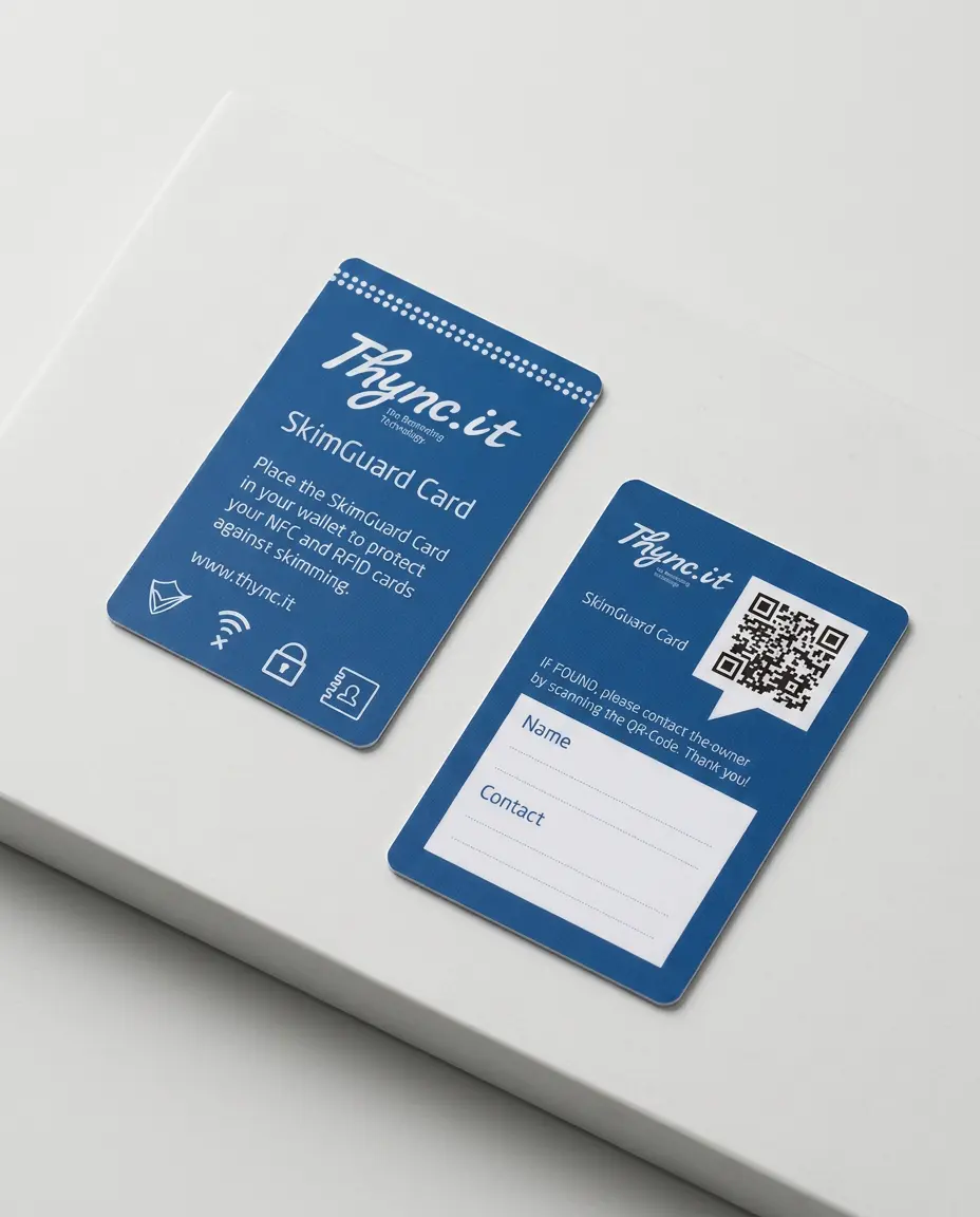 SkimGuard SOS Card with QR code next to bank and credit cards