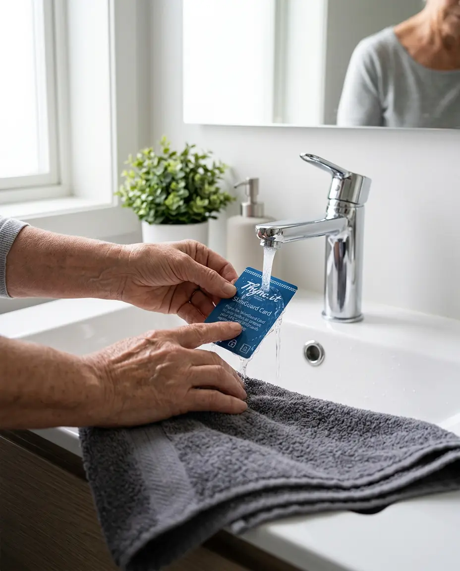 Gently cleaning the SkimGuard SOS Card with a soft cloth