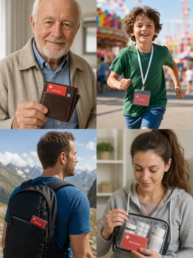 Carte d’urgence SOS pour personnes âgées, voyageurs, sportifs, enfants et personnes malades